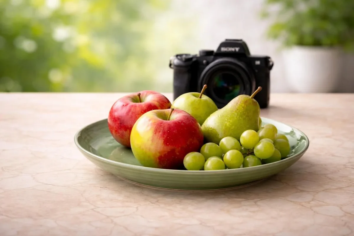 Obstteller mit Kamera im Hintergrund