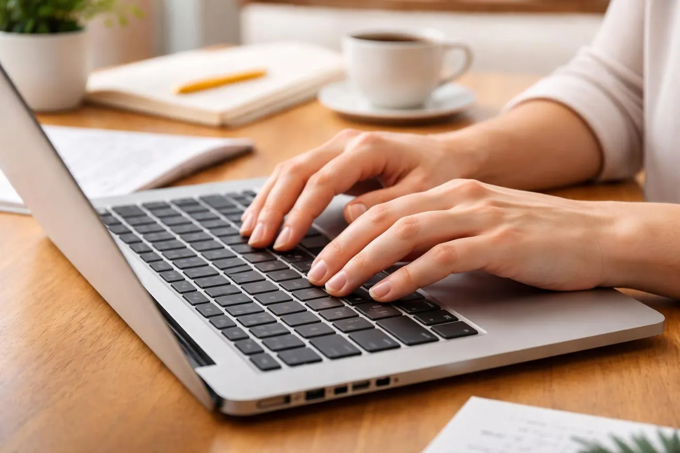 Person tippt auf einem Laptop und erstellt Blog-Inhalte für ein Unternehmen.