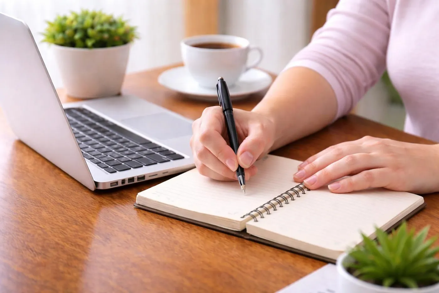 Person schreibt in ein Notizbuch neben einem Laptop am Schreibtisch und plant Content für einen Blogbeitrag.